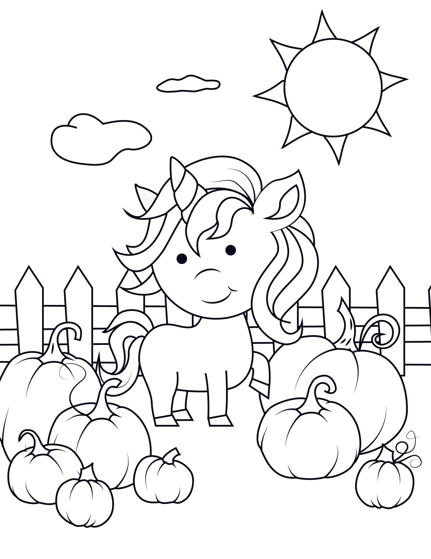 A black-and-white illustration of a cute unicorn standing in a pumpkin patch. The scene includes a wooden fence, fluffy clouds, and a bright sun in the background, creating a cheerful outdoor setting.