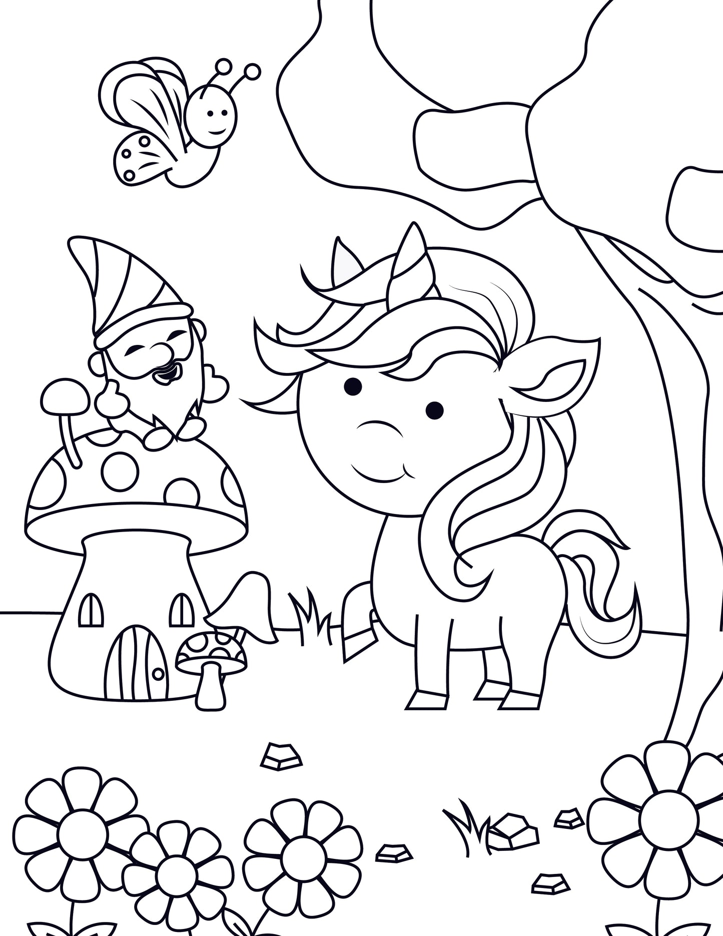 A whimsical black-and-white coloring sheet featuring a cheerful unicorn standing next to a mushroom house with a smiling gnome on top. A butterfly hovers in the air, and the scene is surrounded by flowers, scattered rocks, and trees, creating a magical forest setting.