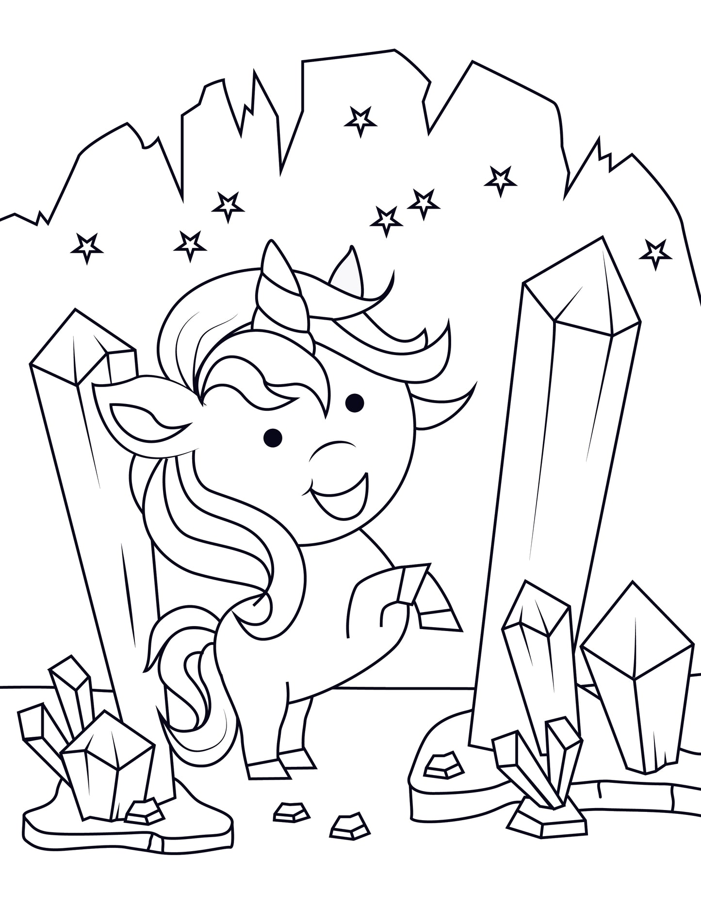 A black-and-white coloring page of a happy unicorn surrounded by large, shimmering crystal formations. The background features jagged mountains and scattered stars, creating a magical and enchanting scene.