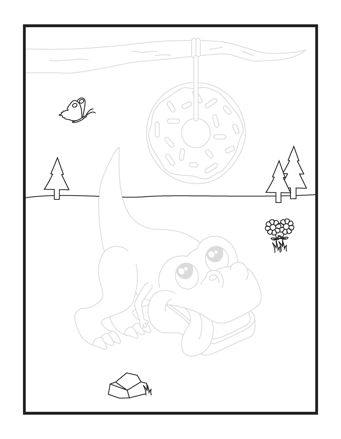 A playful coloring page features a wide-eyed dinosaur crouching low to the ground with its tongue out, looking eagerly at a doughnut hanging from a tree branch by a string. The doughnut is sprinkled and appears just out of reach, creating a fun and whimsical scene. In the background, there are simple drawings of trees, flowers, and a flying butterfly, all set against a minimal outdoor landscape. A small rock adds additional detail to the foreground.