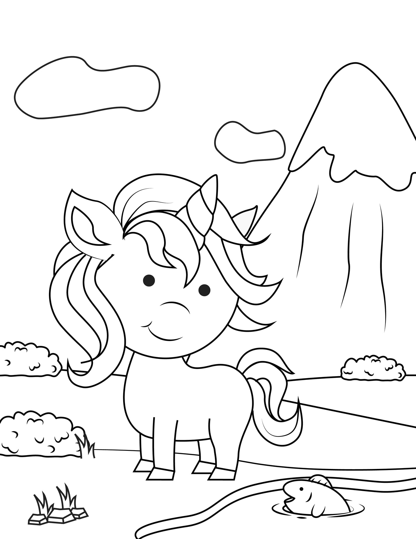 A black-and-white illustration of a cheerful unicorn standing in a serene outdoor setting. In the background, a snow-capped mountain rises against a sky with scattered clouds. Nearby, bushes and a small stream with a playful fish add to the tranquil scene.