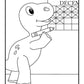 A black and white coloring page featuring a cheerful dinosaur holding a pencil in front of a December advent calendar with empty date boxes, ready to be filled in or colored.