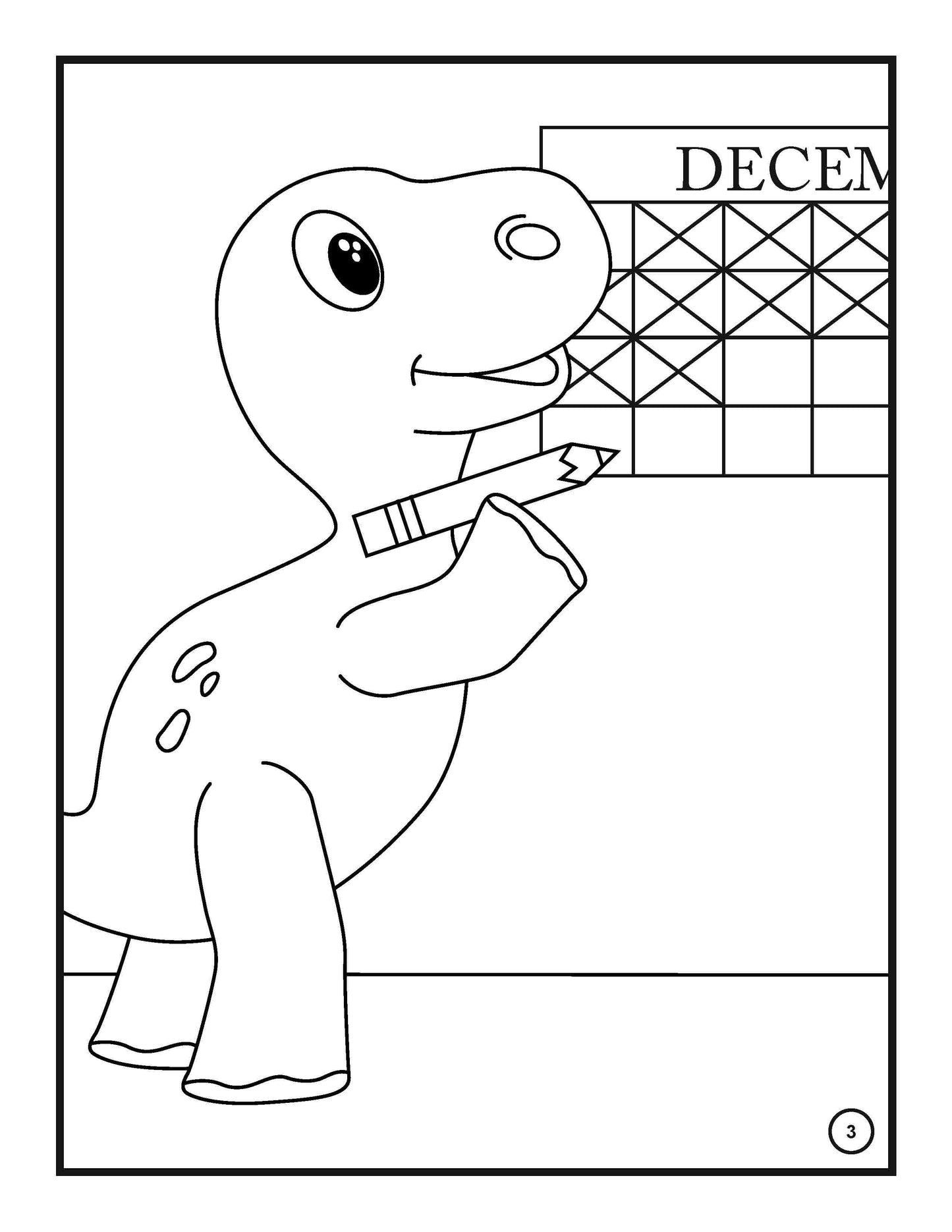 A black and white coloring page featuring a cheerful dinosaur holding a pencil in front of a December advent calendar with empty date boxes, ready to be filled in or colored.