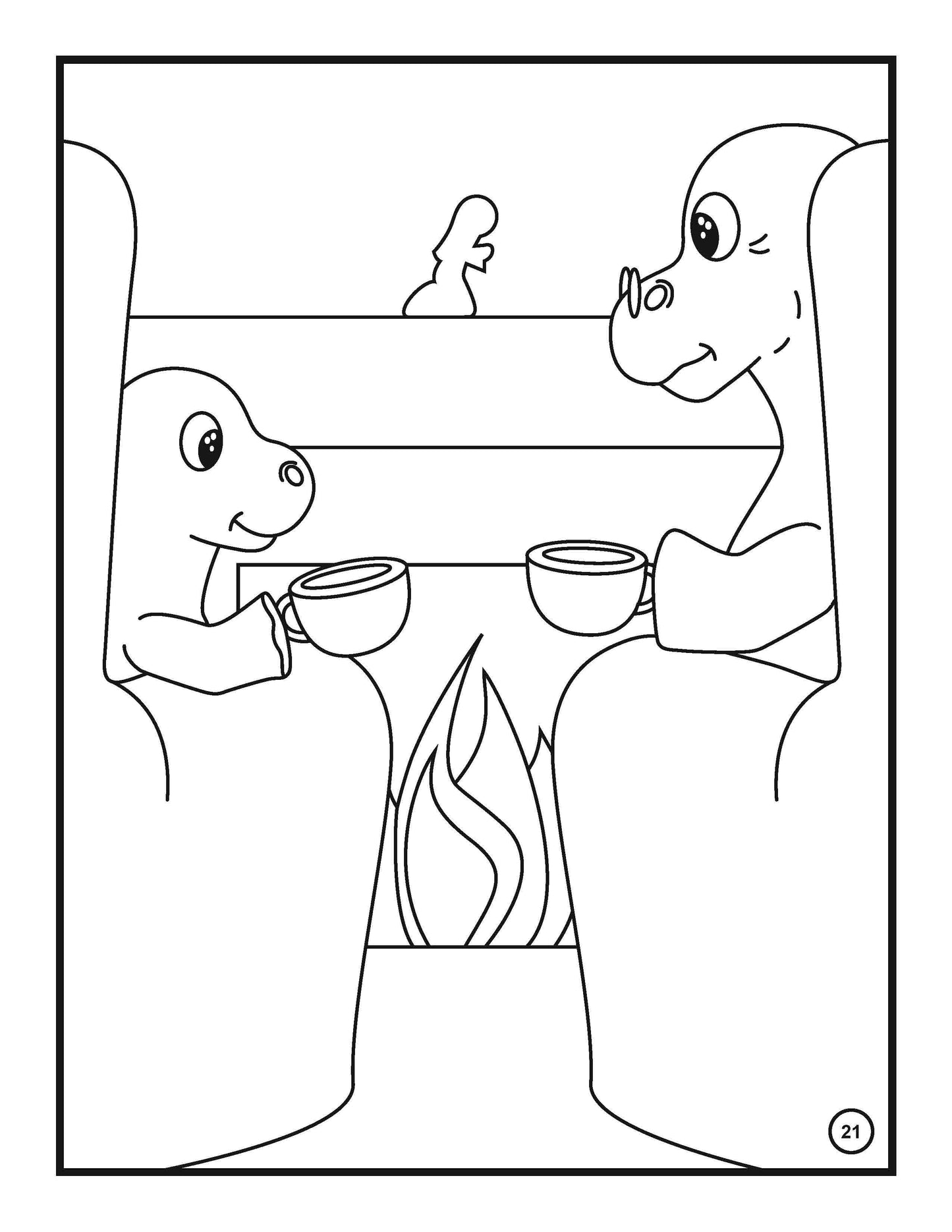 Black and white coloring page featuring two cartoon dinosaurs sitting opposite each other with mugs in their hands, appearing to be having a conversation. They are comfortably ensconced in large armchairs beside a crackling fire. The cozy scene suggests a warm, indoor setting.