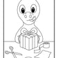 Coloring page depicting a cheerful cartoon dinosaur holding a wrapped gift box with a ribbon on top. In front of the dinosaur are scattered gift-wrapping accessories: a pair of scissors, a roll of tape, a tape dispenser, and a piece of wrapping paper. The dinosaur has large, friendly eyes, and a smile, creating a festive and engaging scene for coloring