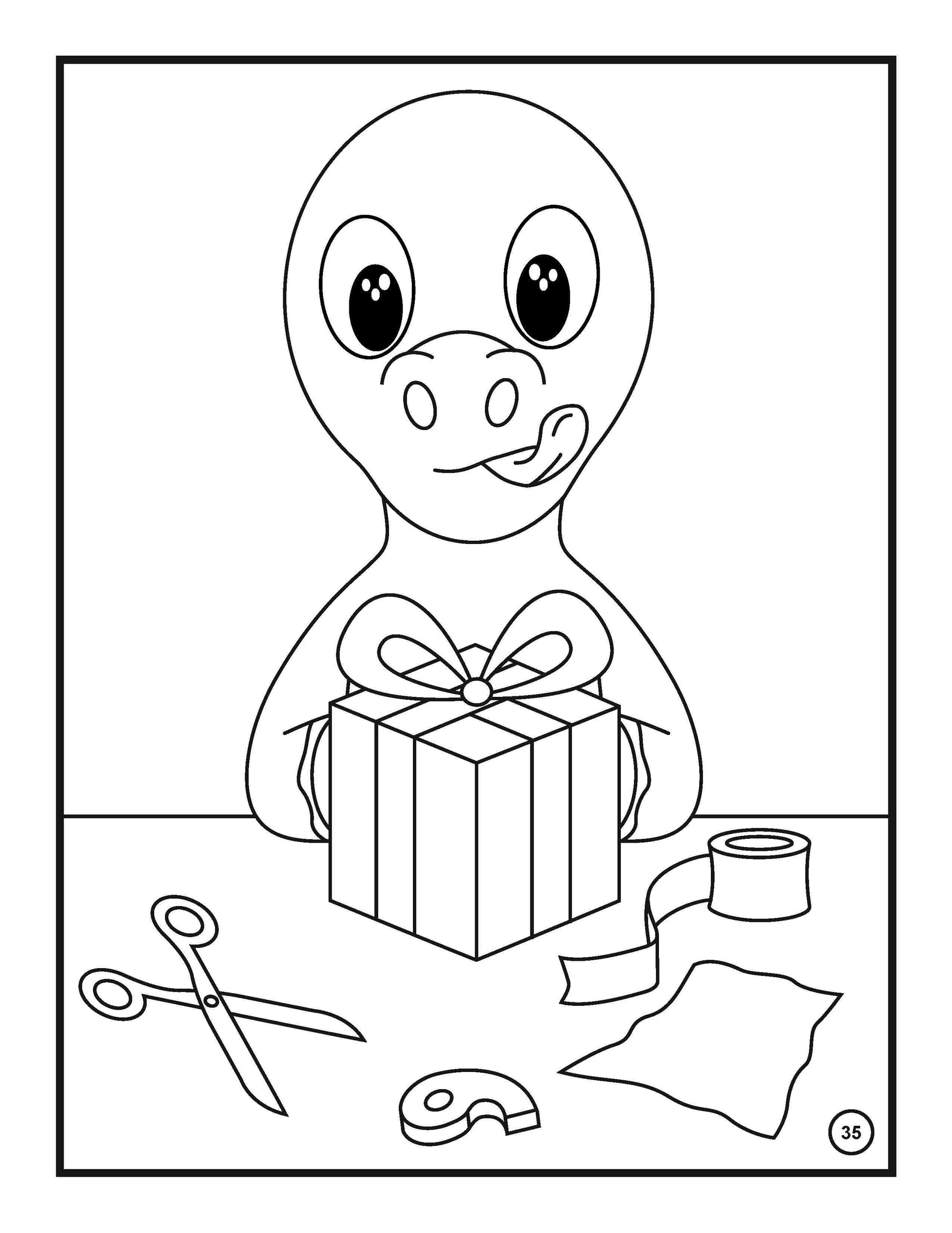 Coloring page depicting a cheerful cartoon dinosaur holding a wrapped gift box with a ribbon on top. In front of the dinosaur are scattered gift-wrapping accessories: a pair of scissors, a roll of tape, a tape dispenser, and a piece of wrapping paper. The dinosaur has large, friendly eyes, and a smile, creating a festive and engaging scene for coloring