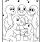 Coloring page showing a group of five happy cartoon dinosaurs of different sizes, joyfully interacting with each other. Musical notes float above them, suggesting they are singing or enjoying music. One of the dinosaurs is smiling and giving a gift to another, which adds to the cheerful atmosphere of the scene. 