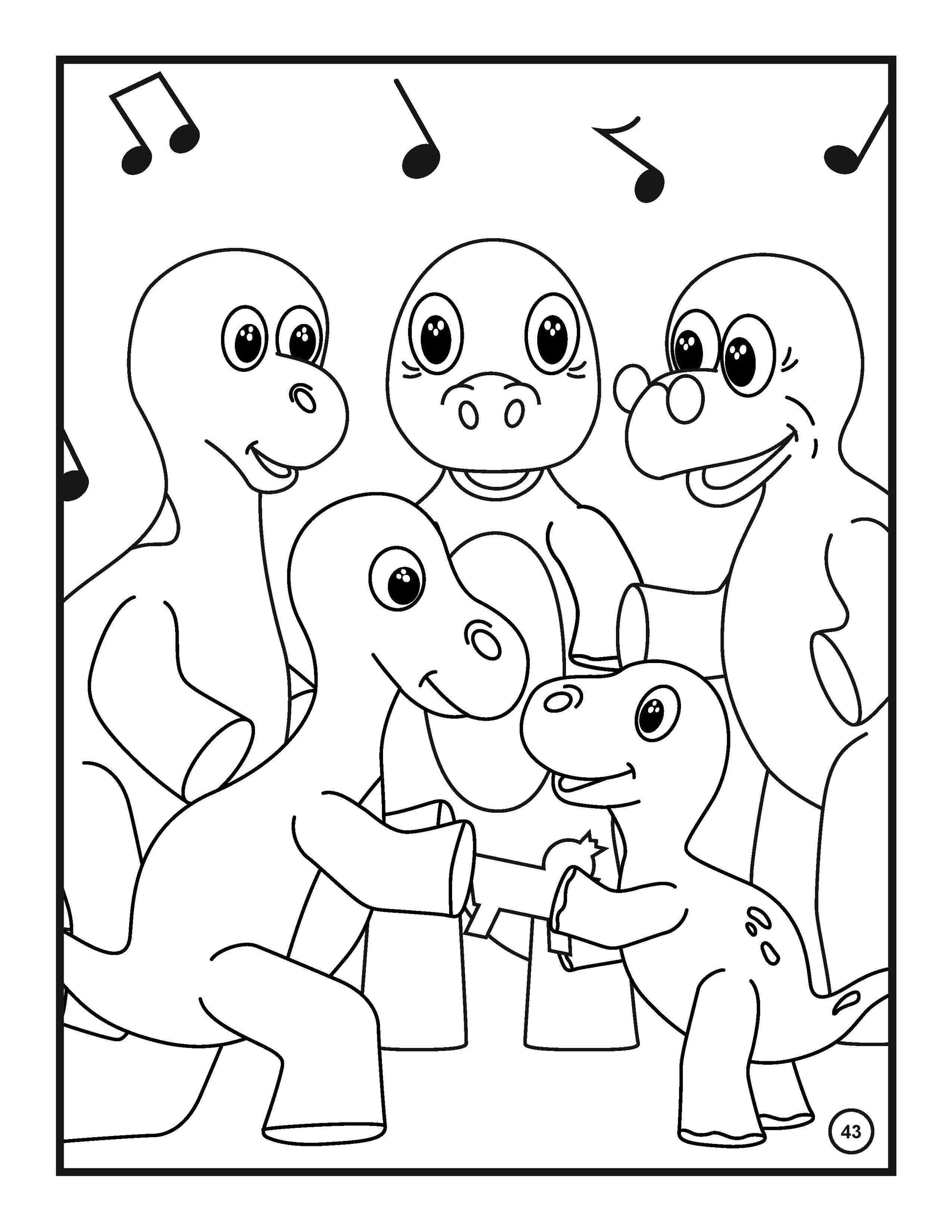 Coloring page showing a group of five happy cartoon dinosaurs of different sizes, joyfully interacting with each other. Musical notes float above them, suggesting they are singing or enjoying music. One of the dinosaurs is smiling and giving a gift to another, which adds to the cheerful atmosphere of the scene. 