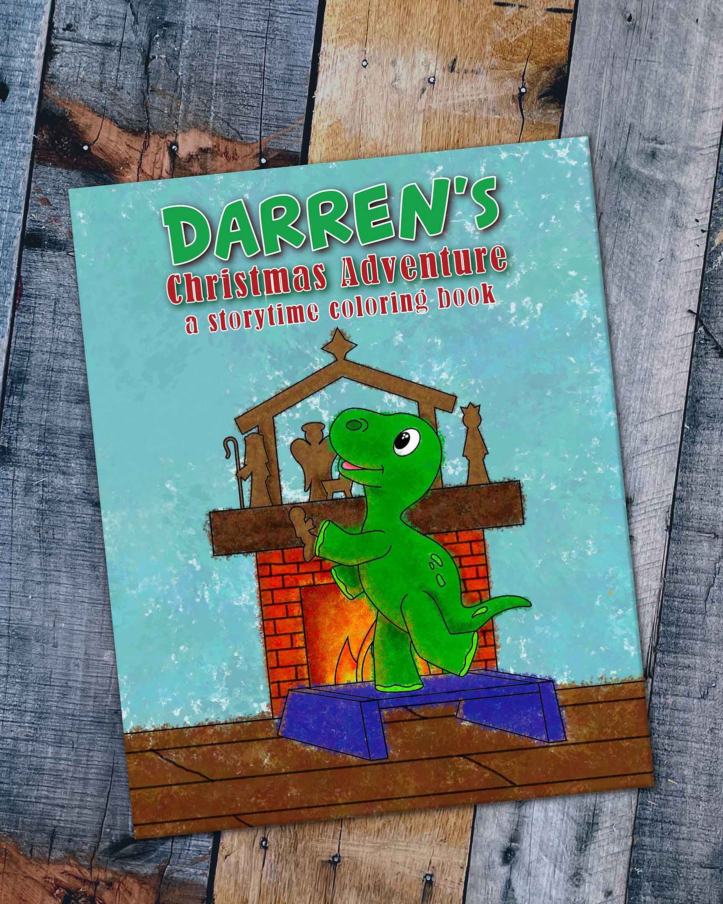 Children's coloring book titled 'Darren's Christmas Adventure' on a wooden surface