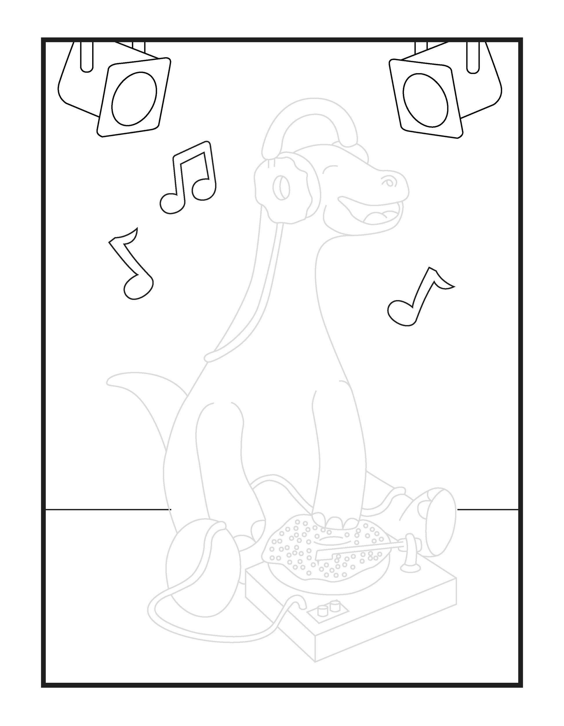 A joyful coloring page depicts a dinosaur DJ having a blast with music. The dinosaur is wearing headphones and sitting with eyes closed, a big smile, feeling the beat. In front of the dinosaur, there's a turntable setup ready to spin tracks. Musical notes float in the air, symbolizing the rhythm and melody flowing through the scene. Overhead, stage lights add to the ambiance, suggesting a dance floor vibe. This drawing is perfect for inspiring musical interest and artistic coloring in kids.