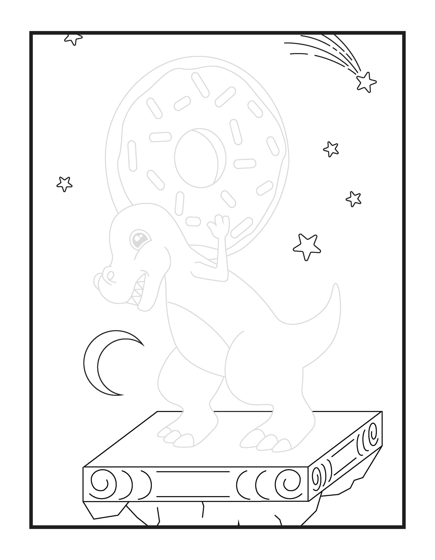 A whimsical black and white coloring page depicts a cartoon dinosaur standing on a platform in a starry night scene, playfully balancing a large, decorated donut on its back. The donut is detailed with sprinkles, and the dinosaur looks delighted, adding to the scene's playful nature. Shooting stars, smaller stars, and a crescent moon decorate the sky, inviting children to color and add their imaginative touch to a scene that combines the prehistoric with the magical.