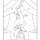 A whimsical coloring page presents a dinosaur balancing on a unicycle under a circus tent. The creature, with a playful grin, performs with arms stretched wide and one leg lifted for balance. Its ribs are humorously visible, adding to the cartoonish charm. The tent is draped with curtains, evoking a classic circus atmosphere. This imaginative scene is designed to capture the joy of the circus and spark creativity in children.