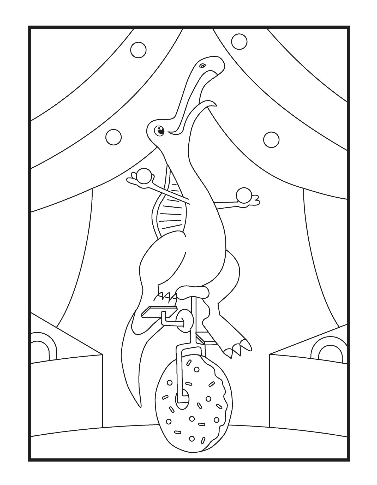 A whimsical coloring page presents a dinosaur balancing on a unicycle under a circus tent. The creature, with a playful grin, performs with arms stretched wide and one leg lifted for balance. Its ribs are humorously visible, adding to the cartoonish charm. The tent is draped with curtains, evoking a classic circus atmosphere. This imaginative scene is designed to capture the joy of the circus and spark creativity in children.