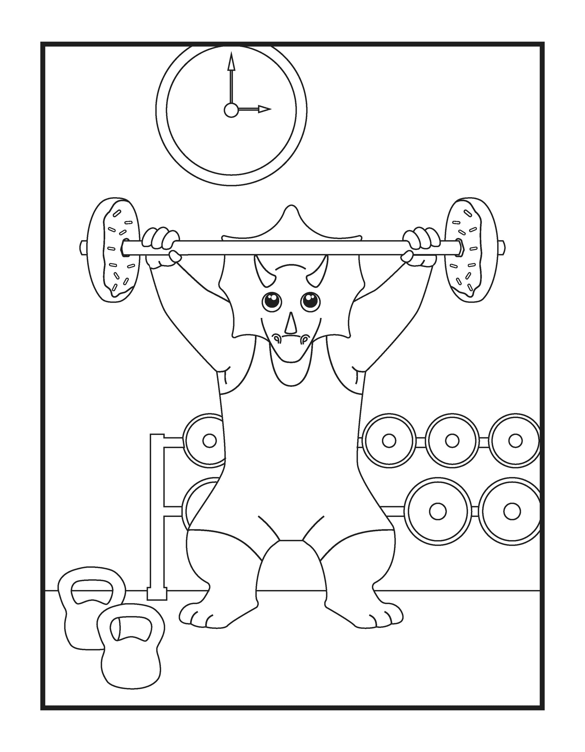  A coloring page shows a cartoon dinosaur lifting a barbell in a gym. The dinosaur stands centered, looking determined, with the barbell loaded with donut-shaped weights. Gym equipment, including kettlebells, is scattered around, and a clock on the wall indicates it's exercise time. The scene is contained within a simple border, giving it a clean look that invites children to add color and personal touches while engaging with themes of fitness and fun.