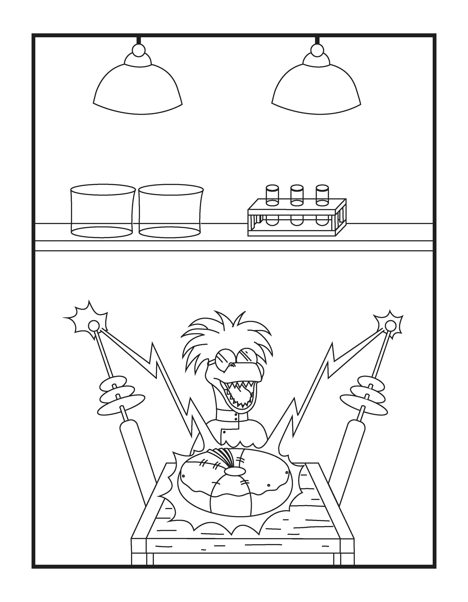 The illustration is a black and white line drawing of a mad scientist's laboratory. At the center is a crazed scientist with wild hair, gleefully holding two electrical rods with sparks at the ends, symbolizing a successful experiment. On the table in front of the scientist is a large, stitched-together, metal doughnut, suggesting a Frankenstein-like creation. Above, two large dome lights hang from the ceiling, and on a shelf, various scientific apparatuses are neatly arranged.