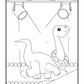 A coloring page features a smiling cartoon dinosaur on a stage with spotlights. The friendly Brontosaurus, adorned with a doughnut necklace, stands center stage. Above, stage lights point downwards, enhancing the theatrical feel. The dinosaur's long neck curves gracefully, and its tail sweeps behind. The backdrop is simple, with a line of lights framing the stage floor. This scene is ready for children to bring to life with color, encouraging imagination and a love for the performing arts.