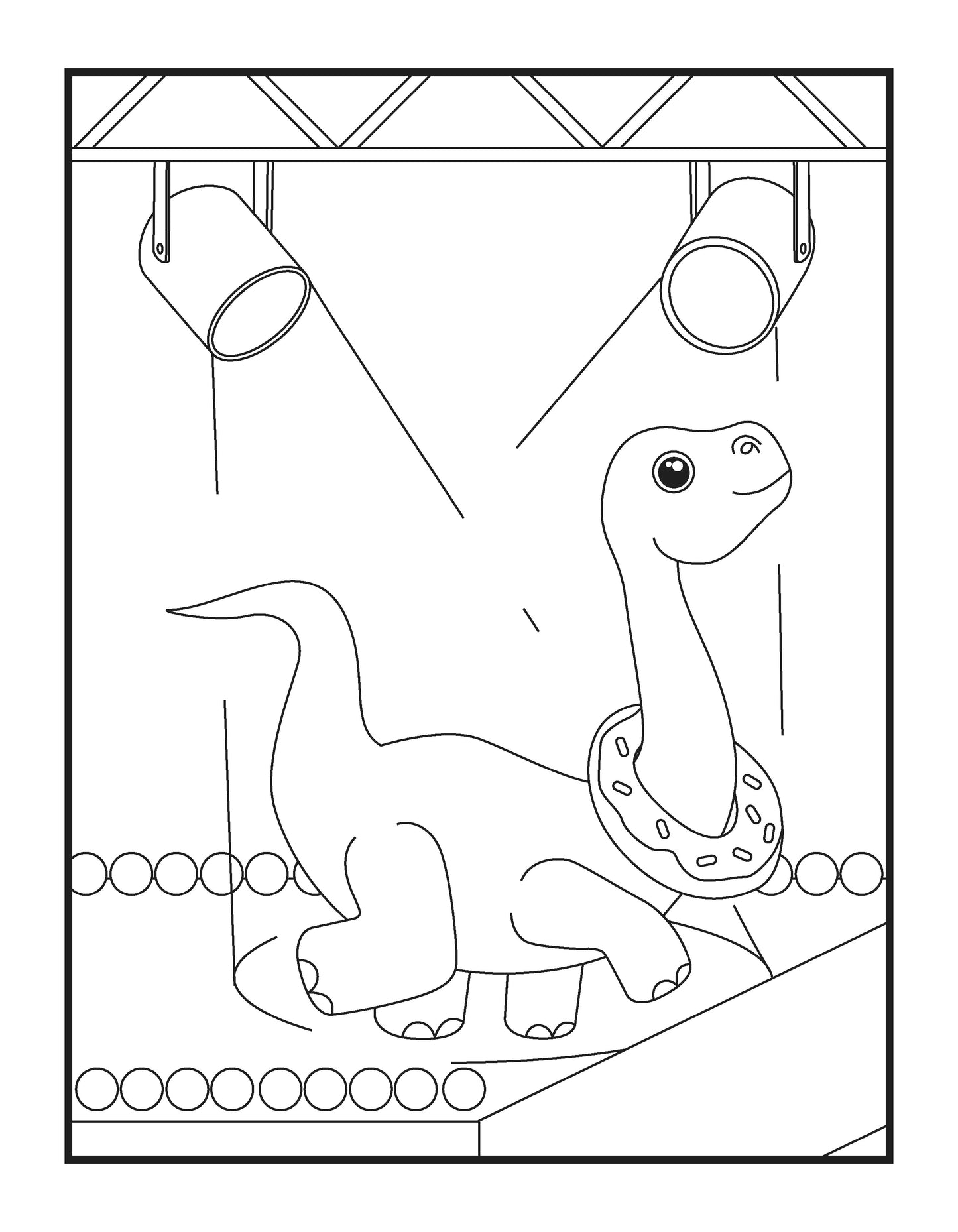 A coloring page features a smiling cartoon dinosaur on a stage with spotlights. The friendly Brontosaurus, adorned with a doughnut necklace, stands center stage. Above, stage lights point downwards, enhancing the theatrical feel. The dinosaur's long neck curves gracefully, and its tail sweeps behind. The backdrop is simple, with a line of lights framing the stage floor. This scene is ready for children to bring to life with color, encouraging imagination and a love for the performing arts.
