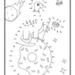 A dot-to-dot children's activity sheet with a smiling dinosaur astronaut on a planet in space. The dinosaur, is planting a flag in the planet. The sequence starts at dot 1 on the dinosaur's helmet and goes up to 62. Scattered around are other space elements: stars, a UFO, and a cratered comet, creating a playful cosmic scene. The simple outlines invite kids to connect and color, enhancing both creativity and number learning.