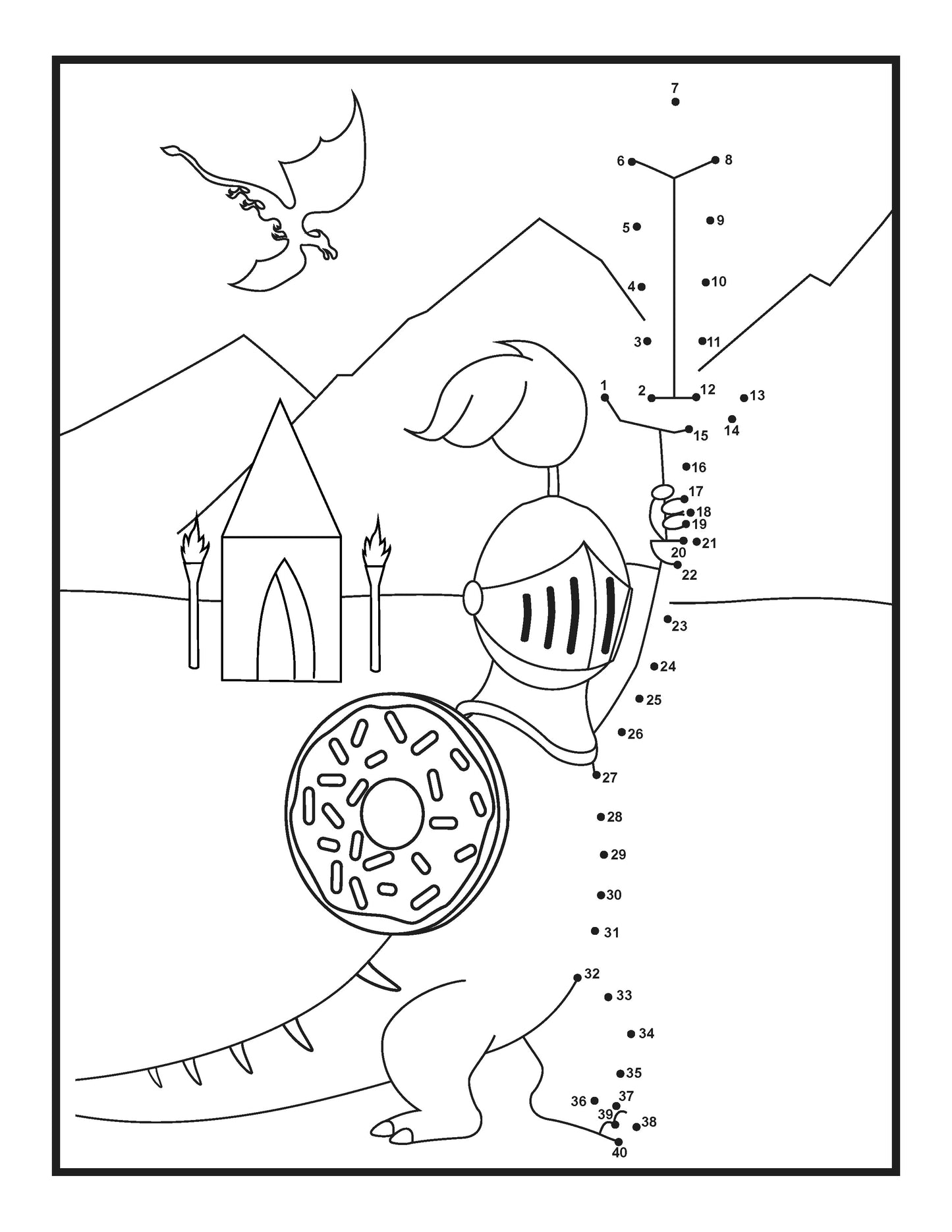 This is a children's connect-the-dots activity page featuring a fantastical scene. A friendly-looking dinosaur dressed as a knight, complete with a helmet and shield, stands before a simple castle. The knight holds a sword, poised heroically. The dots, numbered 1 to 40, outline the knight and castle, encouraging number sequencing and motor skills. In the sky, an illustrated dragon flies above mountainous terrain, adding to the medieval fantasy theme of the activity, which also provides space for coloring.