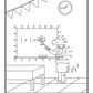 This activity sheet depicts a cartoon dinosaur in a classroom setting acting as a teacher, featuring a connect-the-dots game. The dinosaur, stands beside a chalkboard with a simple addition problem. The room includes a clock, a festoon of pennants, and a doughnut on the table. Numbered dots from 1 to 35 outline the dinosaur and its surroundings, offering an engaging way for kids to practice counting and drawing.