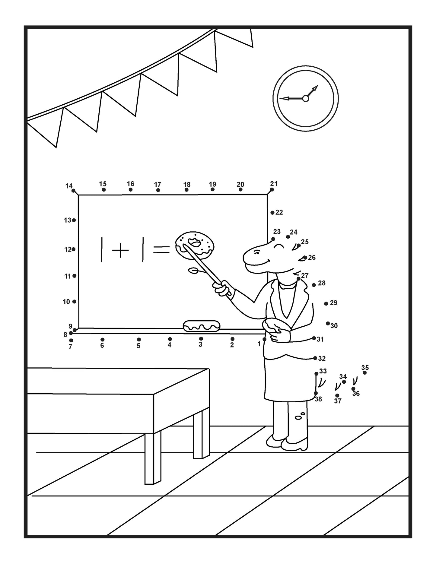 This activity sheet depicts a cartoon dinosaur in a classroom setting acting as a teacher, featuring a connect-the-dots game. The dinosaur, stands beside a chalkboard with a simple addition problem. The room includes a clock, a festoon of pennants, and a doughnut on the table. Numbered dots from 1 to 35 outline the dinosaur and its surroundings, offering an engaging way for kids to practice counting and drawing.