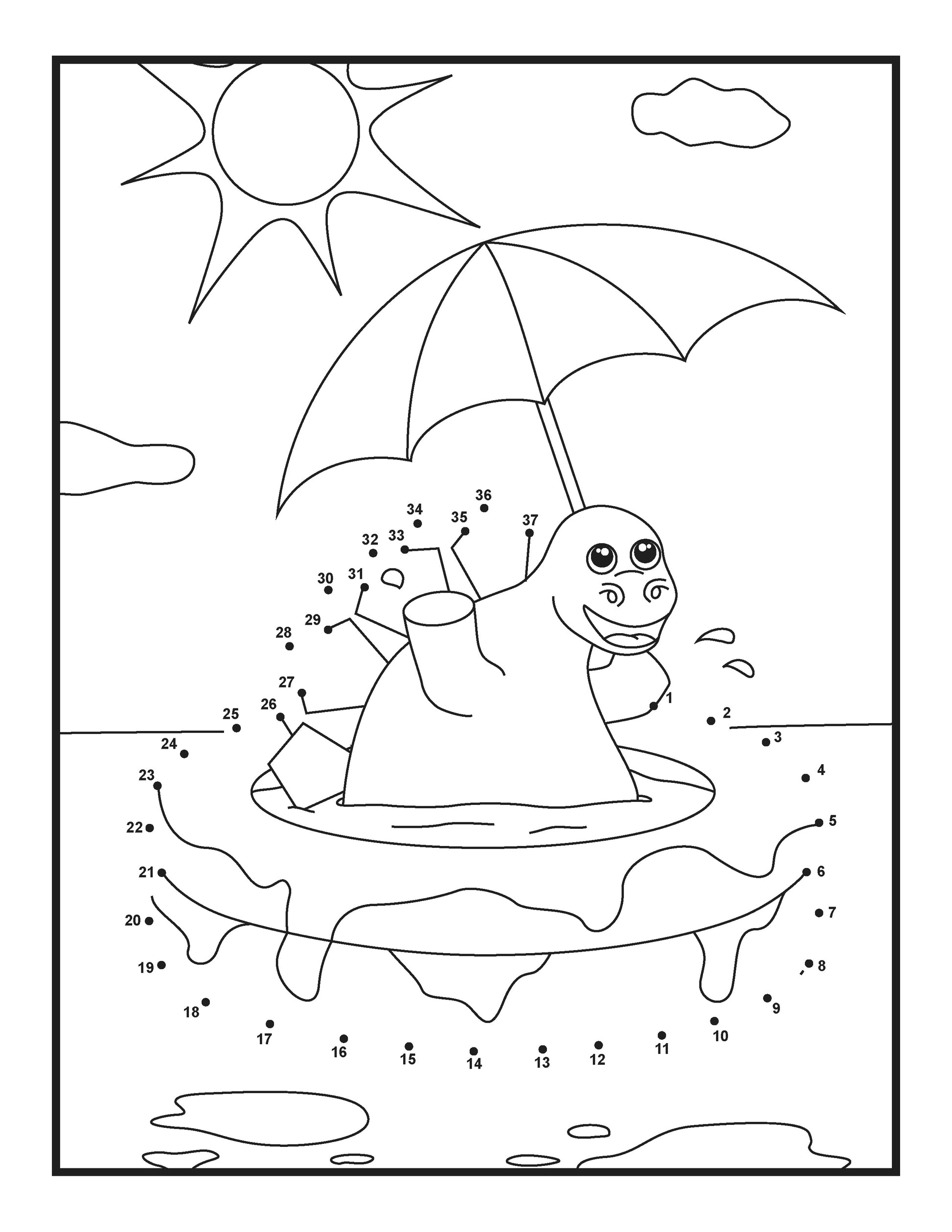 A children's connect-the-dots coloring page featuring a joyous dinosaur in a pool under an umbrella. The sun shines brightly above, with clouds scattered in the background. The dinosaur has a wide smile and is waving, promoting a fun and engaging learning activity. Numbered dots from 1 to 37 are to be connected to reveal the full image. The illustration combines elements of play and education, suitable for developing coordination and number recognition in a delightful summer setting.