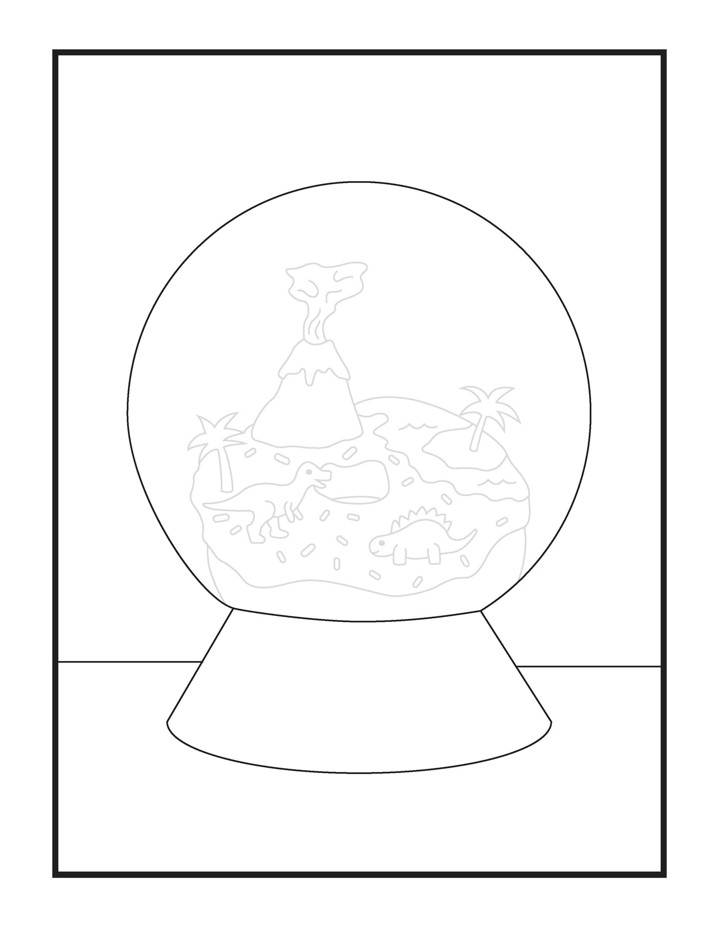 A black and white coloring page depicts a snow globe with a prehistoric landscape. Inside the globe, a volcano erupts while dinosaurs roam around palm trees on rugged terrain. The scene encapsulates a dynamic moment from the Mesozoic era, frozen in time within the confines of the globe. The base of the snow globe is broad and plain, awaiting the addition of colors. This imaginative drawing is designed to both educate and entertain young dinosaur enthusiasts.