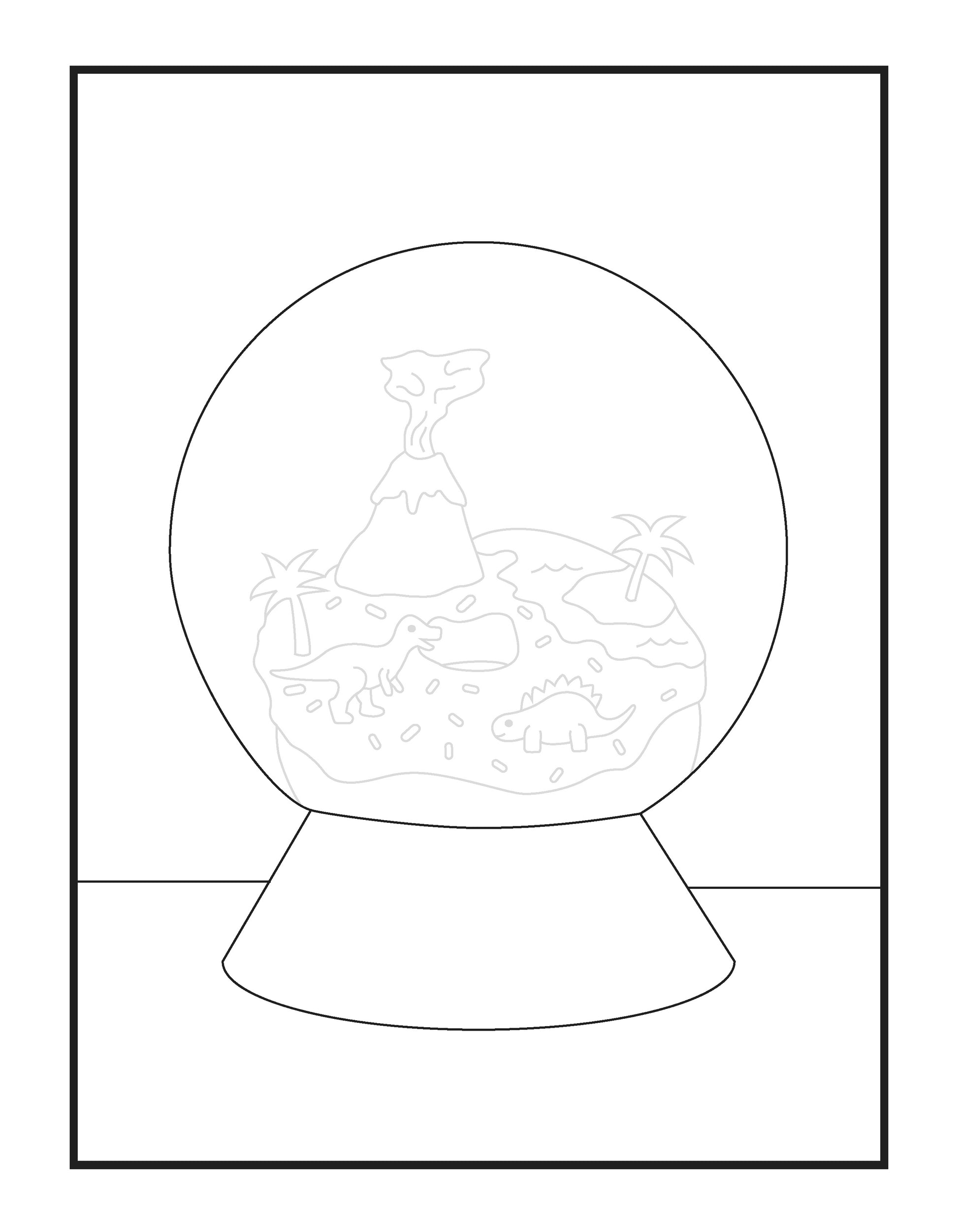 A black and white coloring page depicts a snow globe with a prehistoric landscape. Inside the globe, a volcano erupts while dinosaurs roam around palm trees on rugged terrain. The scene encapsulates a dynamic moment from the Mesozoic era, frozen in time within the confines of the globe. The base of the snow globe is broad and plain, awaiting the addition of colors. This imaginative drawing is designed to both educate and entertain young dinosaur enthusiasts.