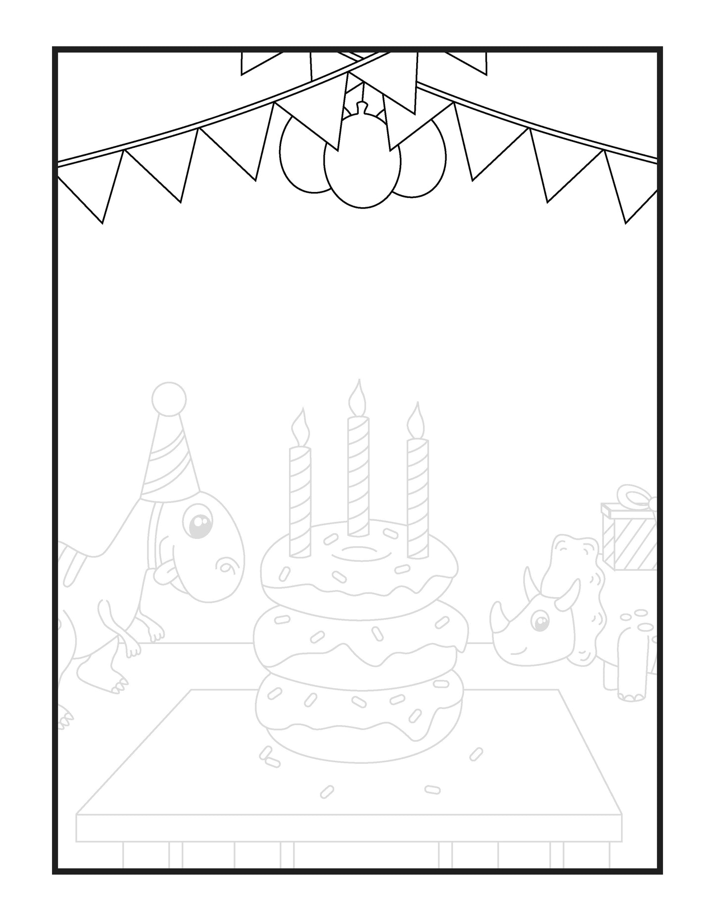  A coloring page depicting a birthday party shows a playful scene with cartoon dinosaurs celebrating. One dinosaur wearing a party hat is gazing at a large three-tiered cake with three lit candles on top, sitting on a table. Another smaller dinosaur with a happy expression is peeking from the other side of the table. Above them, a string of pennants and a large decorative light set the party mood. The background is blank, inviting kids to add their creative touch.