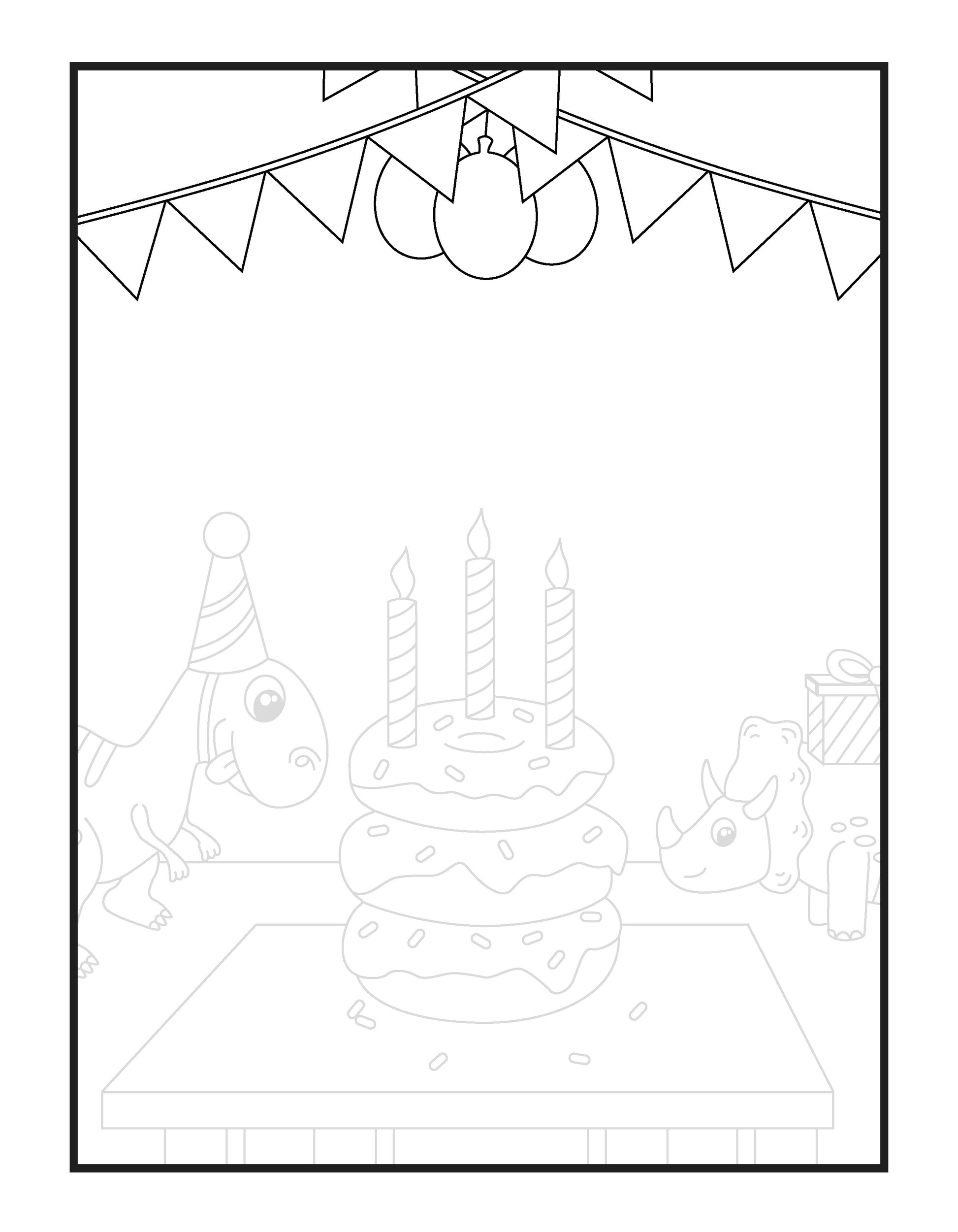  A coloring page depicting a birthday party shows a playful scene with cartoon dinosaurs celebrating. One dinosaur wearing a party hat is gazing at a large three-tiered cake with three lit candles on top, sitting on a table. Another smaller dinosaur with a happy expression is peeking from the other side of the table. Above them, a string of pennants and a large decorative light set the party mood. The background is blank, inviting kids to add their creative touch.