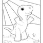Line drawing of a cheerful cartoon dinosaur standing in a sunny landscape, with sunbeams in the background. It's a coloring page with outlined shapes, including the dinosaur with spots on its back, grass, and rocks on the ground, all awaiting to be colored.