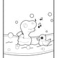 A black and white coloring page depicting a cartoon dinosaur enjoying a bath with a rubber ducky. The dinosaur, donning a playful smile, is surrounded by soap bubbles and musical notes, suggesting a lighthearted singing moment in the tub.