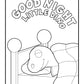 A black and white coloring page featuring a peaceful scene with the text 'GOOD NIGHT LITTLE DINO' arched above a young, smiling dinosaur fast asleep in bed, with its head resting on a pillow and a cozy blanket draped over its body, creating a calming bedtime atmosphere.