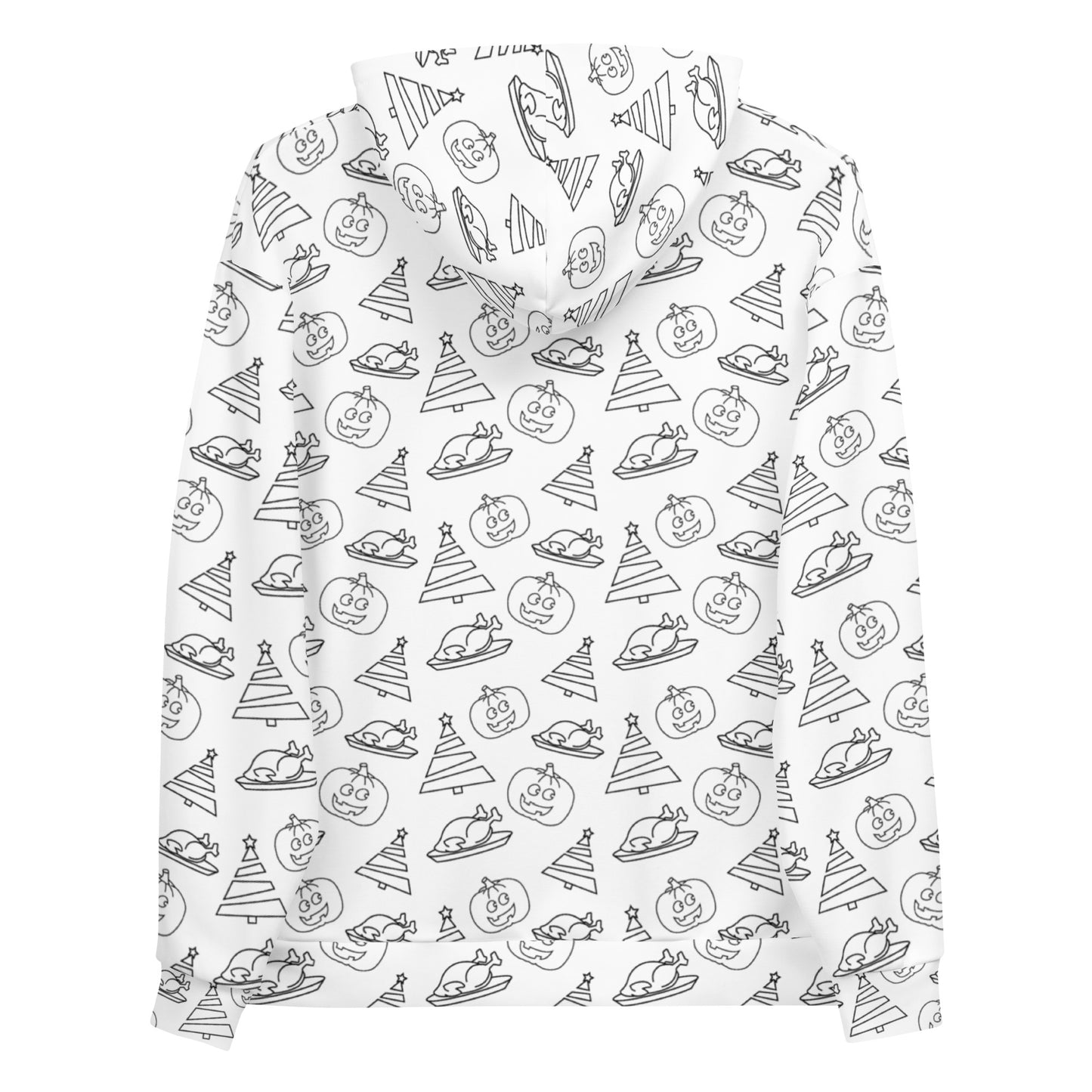 Back of a hoodie featuring an all-over doodle print. The design includes small sketches of pumpkins, trees, and turkeys. The hoodie has a front pouch and adjustable drawstrings.