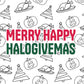 Close-up of a festive graphic with the phrase 'MERRY HAPPY HALOGIVEMAS' in bold red and green letters, surrounded by playful doodles of pumpkins, Christmas trees, and turkeys, symbolizing a blend of Halloween, Thanksgiving, and Christmas themes.