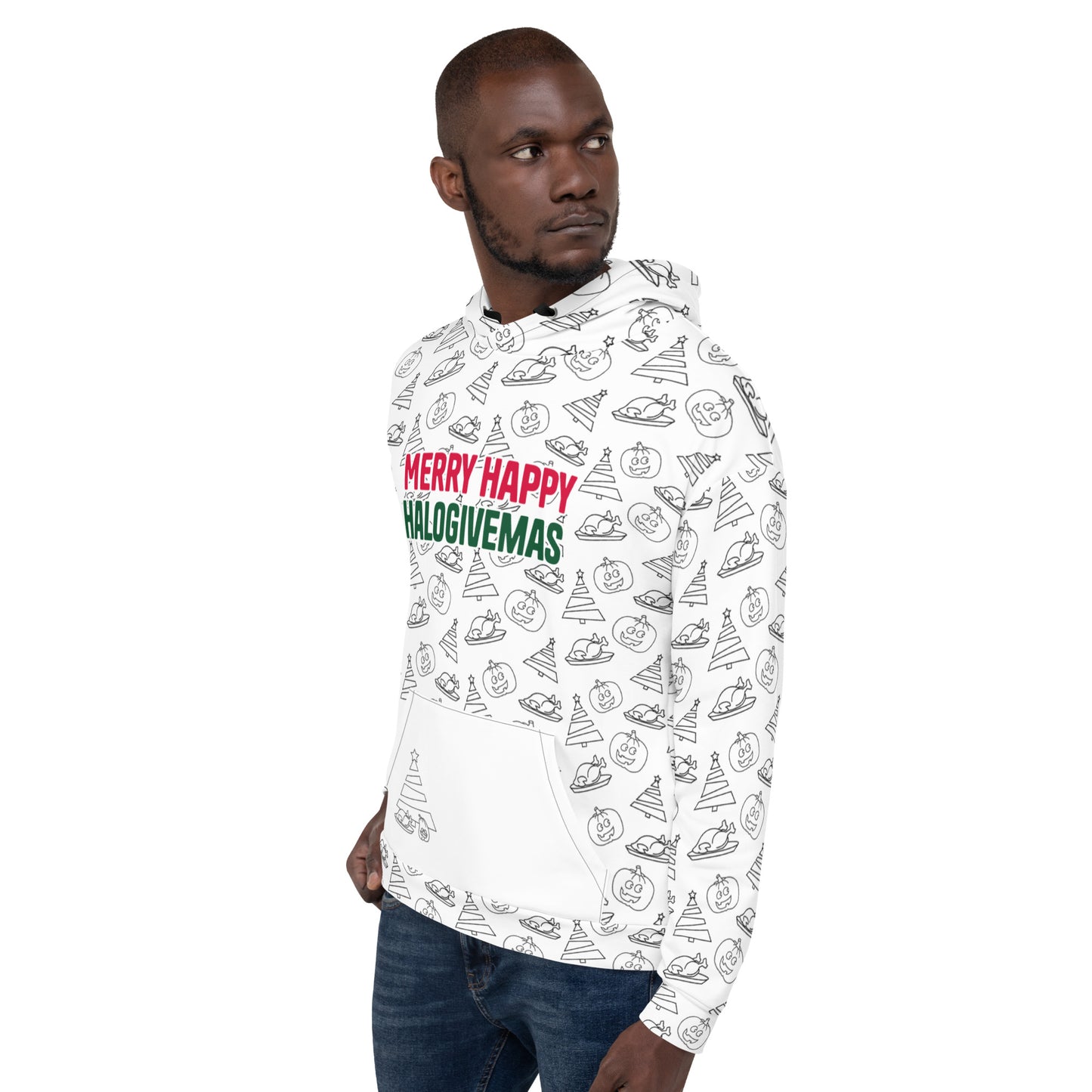 A man looking pensively to the side while wearing a white hoodie with a quirky all-over print of holiday icons, including 'Merry Happy Halogivemas' text in red and green.