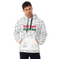 A man modeling a white hoodie featuring a whimsical mix of holiday symbols with the bold phrase 'Merry Happy Halogivemas' across the front, giving a playful nod to multiple celebrations.