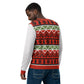 An African American man with a beard is shown from the back, modeling a festive holiday sweater with a traditional Christmas pattern. The sweater has light gray sleeves and features intricate designs in red, green, and white across the back, including geometric diamonds and rows of Christmas trees. He stands in a relaxed pose, looking down slightly, which highlights the vivid and cheerful design of the sweater.