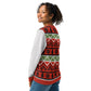 A smiling African American woman with curly hair turns her head to look over her shoulder, modeling the back of a festive holiday sweater. The sweater features intricate Christmas patterns in red, green, and white, including geometric diamonds and rows of Christmas trees. The sleeves are gray, contrasting with the colorful designs on the back. Her cheerful expression and the detailed, vibrant sweater embody the joyful holiday spirit.
