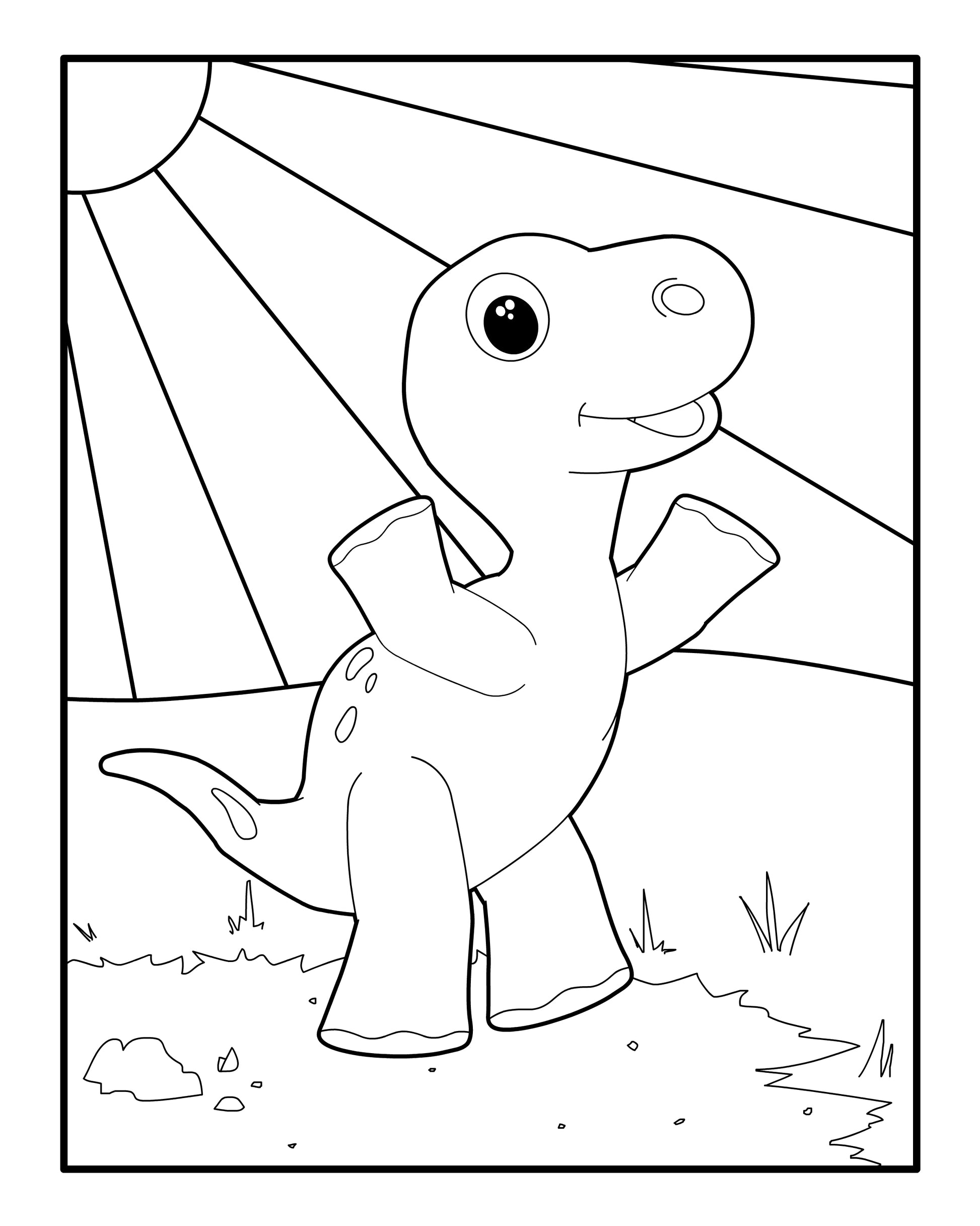 Coloring page showing a happy young dinosaur standing under the sunlight with upraised arms. The little dinosaur has a big smile, with sunlight streaking through behind, casting a radiant glow. The simple landscape includes a few rocks and grass, making it an inviting scene for children to color.