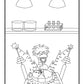 A connect-the-dots activity featuring a mad scientist dinosaur in a lab. The dinosaur is wearing safety goggles and a lab coat, holding two sparking rods in its hands. On the table in front of it is a doughnut-shaped object, surrounded by numbered dots to complete the scene. The lab is detailed with shelves holding test tubes, jars, and overhead lighting, creating a humorous and energetic scientific atmosphere. The numbers guide participants to finish the playful drawing.
