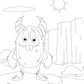 Coloring page featuring a cheerful cartoon monster with striped horns, a wide grin, and small tufts of fur on its round body. The monster stands on a rocky platform surrounded by a rugged landscape with cliffs in the background, a bright sun, and scattered clouds. Perfect for a rainy day activity.