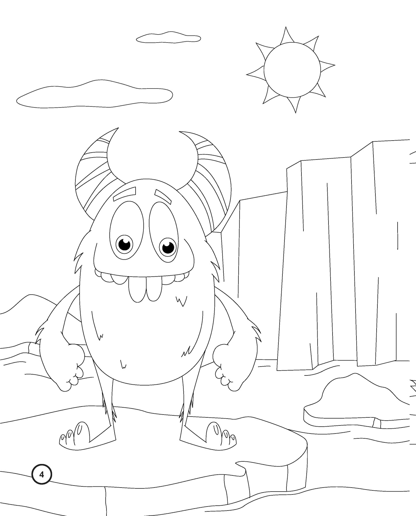 Coloring page featuring a cheerful cartoon monster with striped horns, a wide grin, and small tufts of fur on its round body. The monster stands on a rocky platform surrounded by a rugged landscape with cliffs in the background, a bright sun, and scattered clouds. Perfect for a rainy day activity.