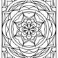 A black-and-white mandala coloring page featuring a symmetrical floral design at the center, surrounded by intricate patterns of petals, curved lines, and geometric shapes. The design is enclosed within a square frame, providing ample space for creative coloring with detailed and repetitive elements.