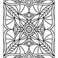 A black-and-white intricate geometric pattern with a circular motif at the center, surrounded by symmetrical leaf-like shapes and overlapping curved lines. The design includes bold outlines and triangular accents, creating a balanced and detailed composition within a rectangular frame, perfect for coloring enthusiasts.