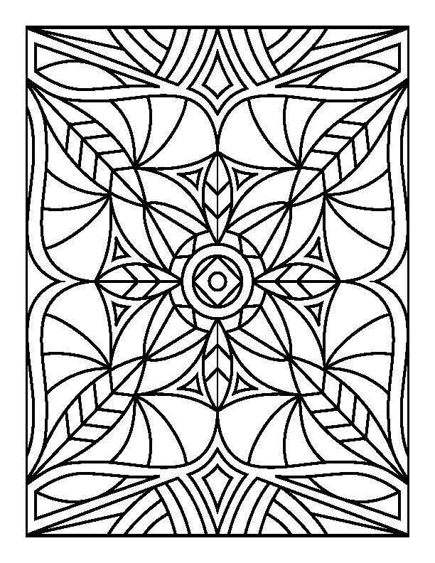 A black-and-white intricate geometric pattern with a circular motif at the center, surrounded by symmetrical leaf-like shapes and overlapping curved lines. The design includes bold outlines and triangular accents, creating a balanced and detailed composition within a rectangular frame, perfect for coloring enthusiasts.
