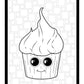 A charming cupcake character with large, gleaming eyes and a sweet smile. The cupcake has a tall swirl of frosting that adds a whimsical touch, and the background features a pattern of interlocking squares in varying sizes, enhancing the playful and friendly design.