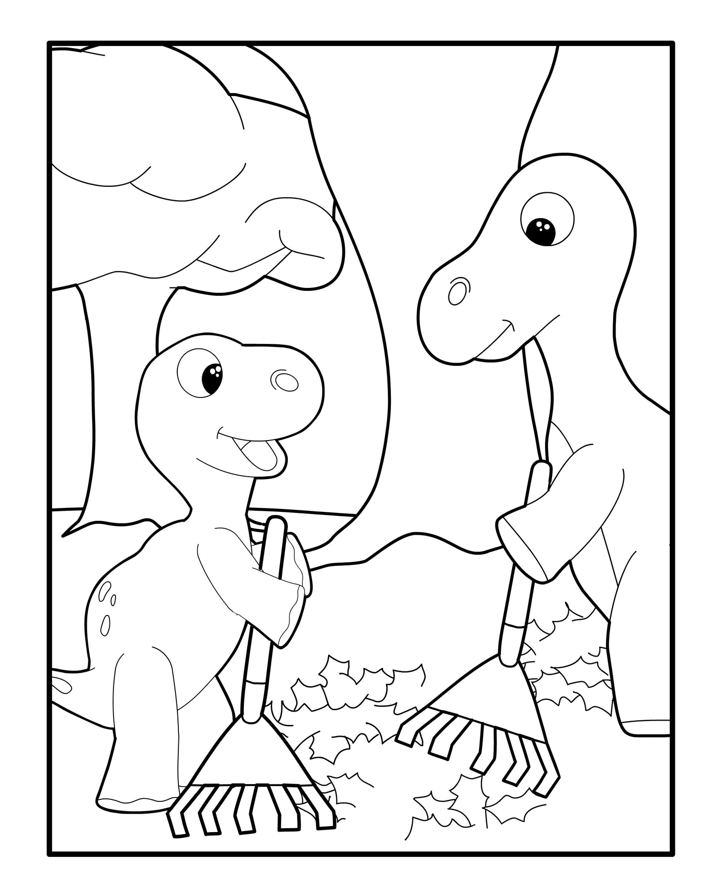 Coloring page depicting a father dinosaur and her cheerful child raking leaves together. Both dinosaurs are shown standing and smiling at each other, each holding a rake. The scene is framed by trees and fallen leaves, inviting children to color in a family moment during autumn