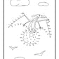 
A connect-the-dots activity featuring a flying pterodactyl clutching a doughnut with sprinkles in its talons. The pterodactyl is outlined with numbered dots, guiding the participant to complete its wings and body. The scene includes clouds and birds in the background, adding a sense of motion and an outdoor setting. The numbers range from 1 to 52, creating a fun and engaging activity.