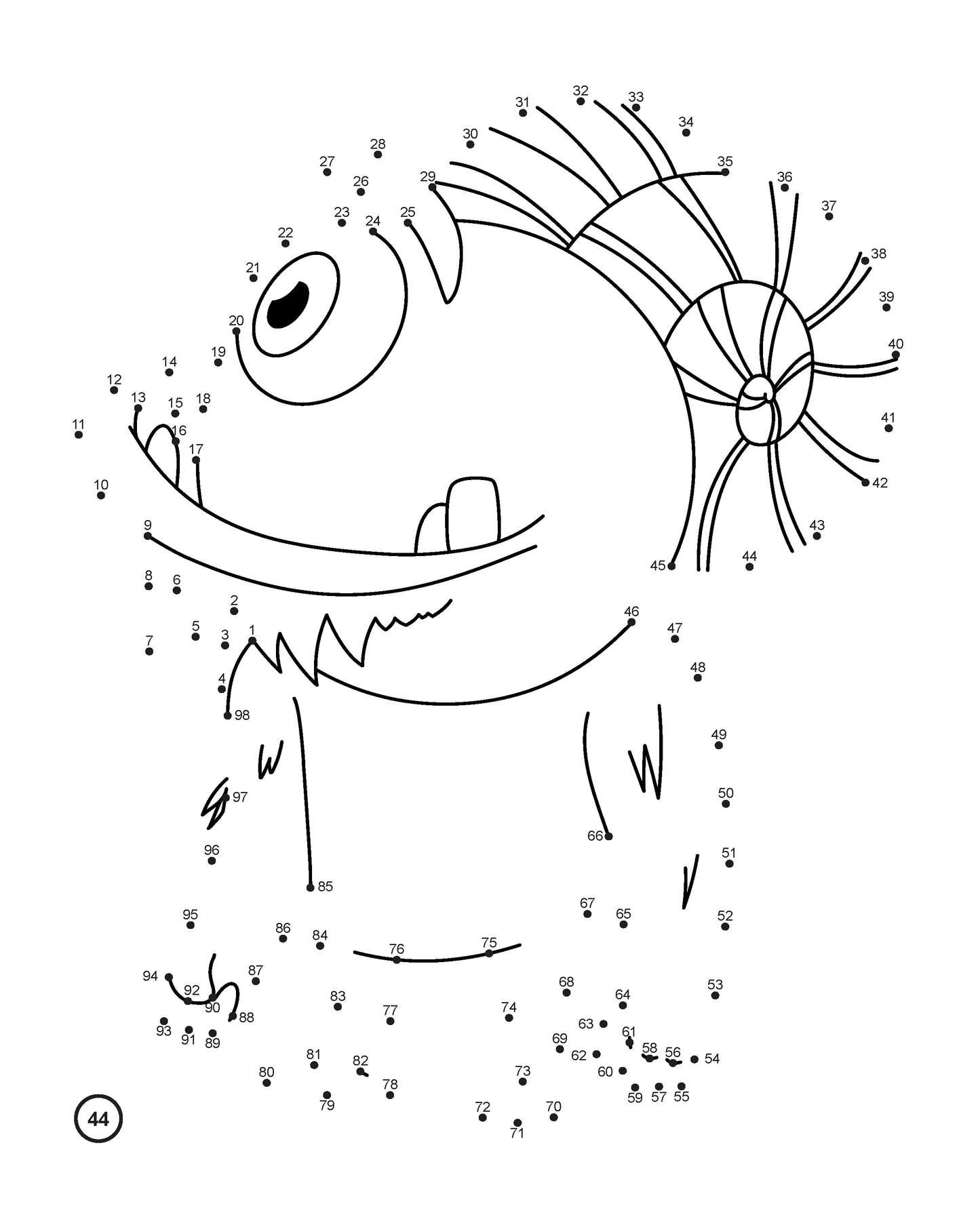 Dot-to-dot activity page featuring a whimsical monster design. The numbers range from 1 to 88, guiding the user to reveal the full illustration. Visible parts of the monster include a large, single eye, some teeth, shaggy fur, and horns. A fun and interactive puzzle for young learners to complete.